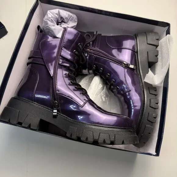 Women Combat Boots Lace Up Buckle Lug Sole Ankle Biker Boots - Picture 2 of 12